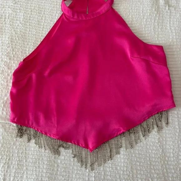 Pink Halter Top with Fringe - Picture 1 of 4